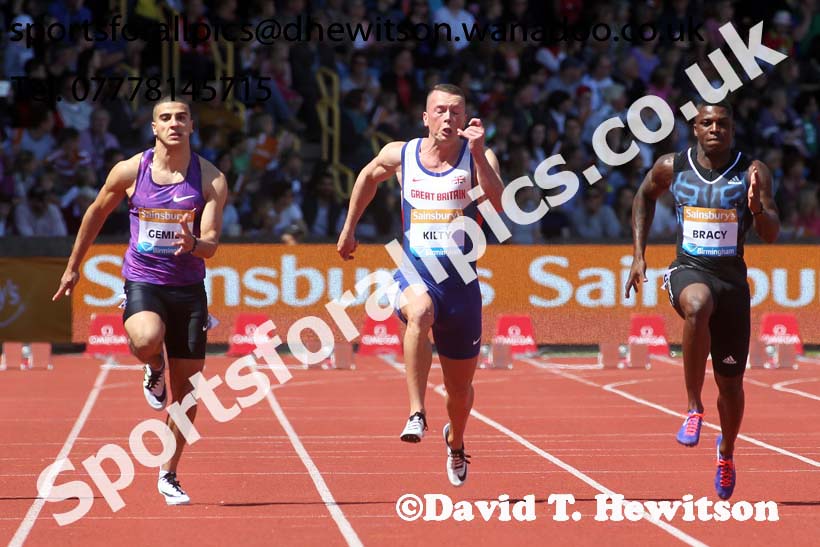 Chijindu Ujah (GB), Jimmy Vacaut (France) and Michael Rodgers (USA) mens 100 metres heats, IAAF Diamond League, Birmingham. Photo: David T. Hewitson/Sports for All Pics